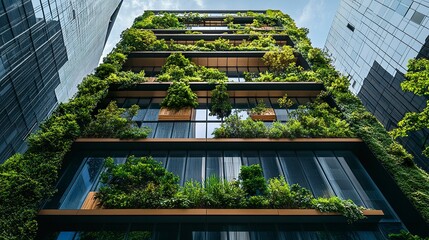 Sustainable corporate building with reflective glass facades and lush greenery, designed to minimize CO2 emissions in an urban setting.  