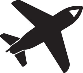 airplane silhouette, black and white, simple icon, minimalist design, top-down view, commercial jet, aviation symbol, flat graphic, clean lines, sharp contrast, vector style, travel emblem, flight rep