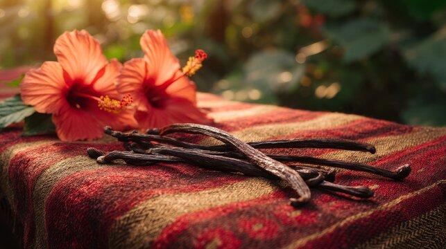 Handwoven lamba with vanilla pods and hibiscus, celebrating Madagascar's vibrant culture and natural bounty.
