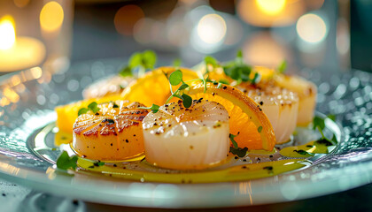 Gourmet seafood dish upscale restaurant food photography elegant setting close-up culinary art