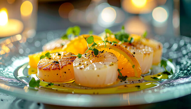 Gourmet seafood dish upscale restaurant food photography elegant setting close-up culinary art