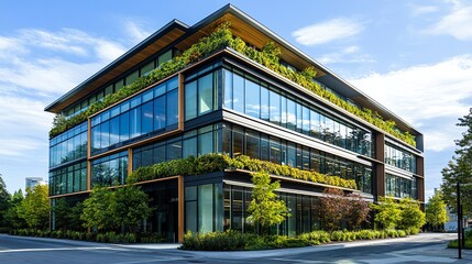 Obraz premium Urban office building featuring energy-efficient glass and vibrant greenery, reducing CO2 while fostering an eco-friendly environment. 
