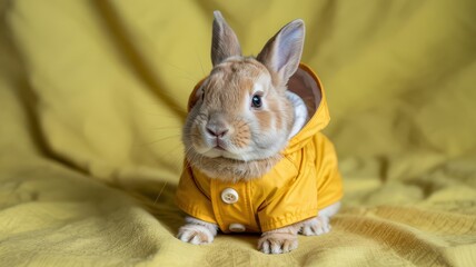 Naklejka premium Soft-focus portrait of rabbit in yellow raincoat on yellow blanket