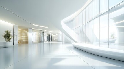 White office building with smooth, modern lines, soft cool tones under bright daylight, wide-angle shot showcasing its contemporary style.  