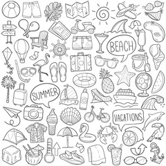 Summer Doodle Icons Black and White Line Art. Vacation Clipart Hand Drawn Symbol Design.