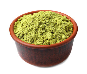 Superfood product. Pumpkin seeds powder in bowl isolated on white