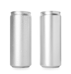 Two wet tin cans isolated on white