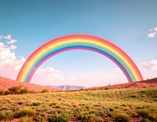 Vibrant rainbow arching over a serene landscape with rolling hills and a clear blue sky