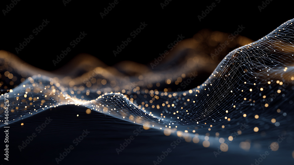 Poster Dynamic wave with connected dots and lines, digital wave background concept, abstract technology background, big data visualization, 3d rendering