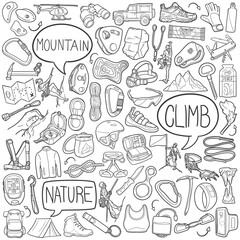 Climb Doodle Icons Black and White Line Art. Mountain Hand Drawn Symbol Design.