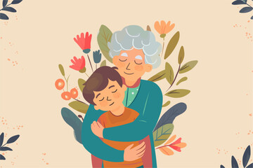 Grandmother and Grandson Embrace Illustration