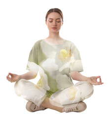 Young woman meditating during yoga practice on white background, double exposure with flowers
