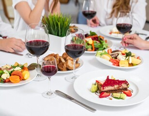 Feast Featuring Table of Bright Fresh Food with Glasses of Wine