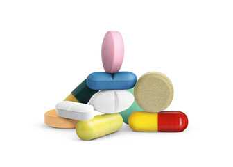 Many different antibiotic pills on white background