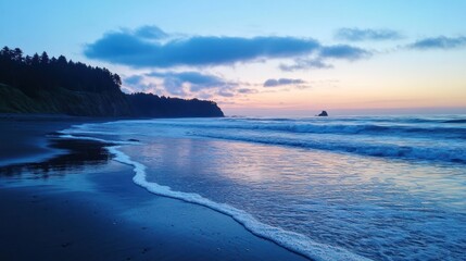 Fototapeta premium Ethereal coastal scene, tranquil waves meet forested cliffs at twilight