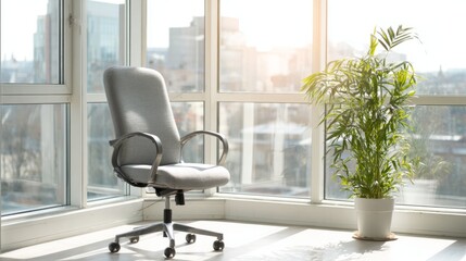 Fototapeta premium Minimalist workspace with ergonomic chair and greenery, bathed in soft daylight. A serene blend of comfort and modern simplicity. 