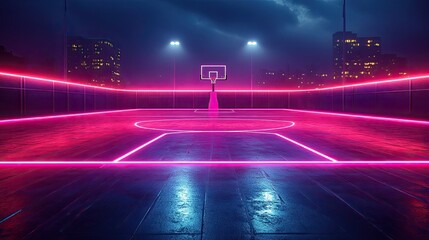 Futuristic Basketball Court Glowing with Neon Lights, Designed by Generative AI Technology. 