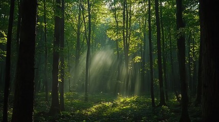 Naklejka premium Deep forest sunlight filtering through the leaves soft mist hovering above the ground cinematic woodland tranquility