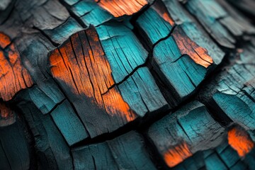Close-up of charred wood, exhibiting vibrant teal and orange hues, showcasing intricate textures and cracks.