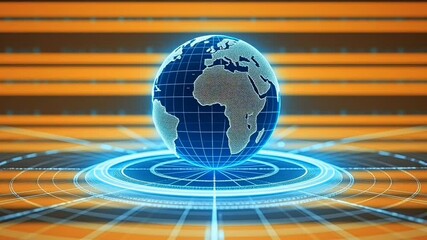 Digital hologram of Earth globe floating in virtual interface with scanning rings and glowing lines. Technology concept - Powered by Adobe