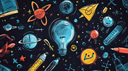 Fun School and Science Doodle Background, Filled with Creative Illustrations for Educational Projects. 