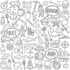 Pirate Doodle Icons Black and White Line Art. Adventure Clipart Hand Drawn Symbol Design.