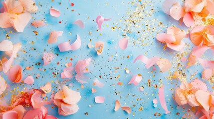 Fun confetti, golden glitter, and streamers on a pastel blue background, adding excitement to any event.