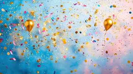 Fun confetti, golden glitter, and streamers on a pastel blue background, adding excitement to any event