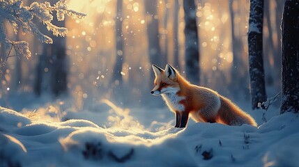 Fox in snow within a winter forest, captured in a serene, snowy landscape 