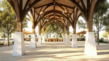 Serene Market Pavilion: Architectural Design of a Wooden Covered Walkway