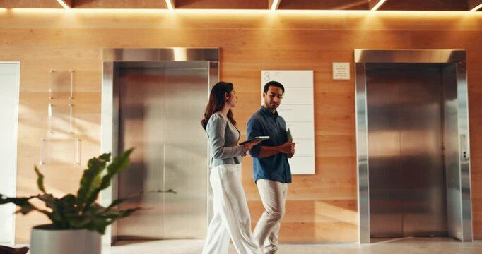 Business people, office lobby and tablet for discussion with meeting prep, communication and public relations team. Internet, strategy and online press release draft for review with collaboration