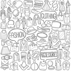 Fashion Doodle Icons Black and White Line Art. Shopping Clipart Hand Drawn Symbol Design.