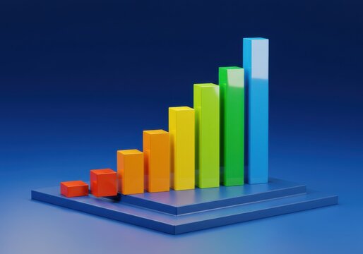 Colorful bar graph rising on tiered platform against blue space isolated on white background