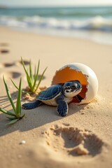 Obraz premium A baby sea turtle hatching from its egg on a sandy beach, with footprints and green plants nearby under warm sunlight