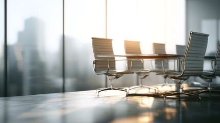 Fototapeta premium Empty chairs around a sleek table in a modern conference room, symbolizing collaboration and professionalism in a corporate setting. 