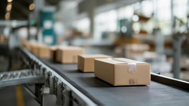 Packages on a conveyor belt being separated by size with marked sections for small medium and large items.