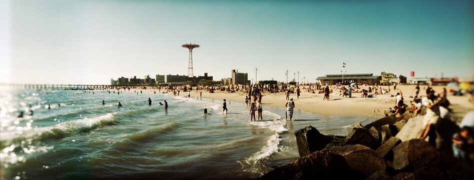 Panoramic view of tourists on the beach, Coney Island, Brooklyn, New York City, New York State, USA.