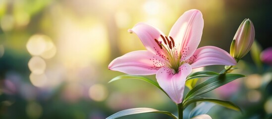 Fototapeta premium Delicate pink lily in soft focus against a sun-drenched garden backdrop