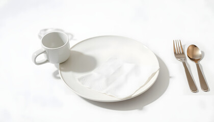 Set of clean tableware and napkin in flight on white background, photo. with white shades