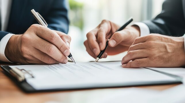 Strategic partnerships two executives finalizing documents together, signing agreements