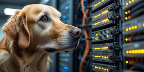 Golden retriever curiously inspecting a high-tech server rack in a data center, blending the themes of technology and animals in a humorous and engaging way

