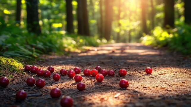 Sunlit forest path strewn with red berries.