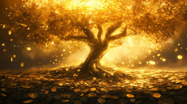Prosperous golden tree with shimmering coins for leaves shedding wealth onto the ground. [Solar Echoes] | Helios Reflection | golden shimmer. Illustration