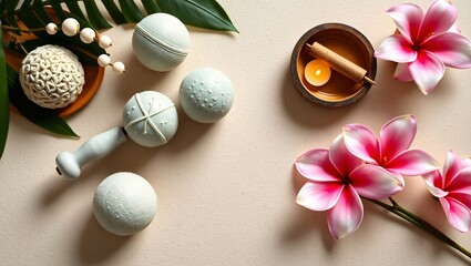 Serene spa day with bath bombs, flowers, candle, and natural elements