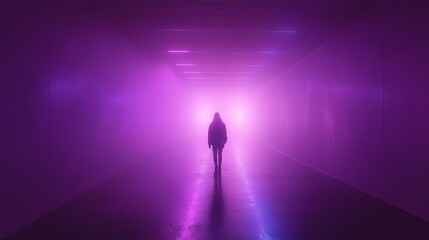 Silhouette figure walking in a vibrant purple tunnel.