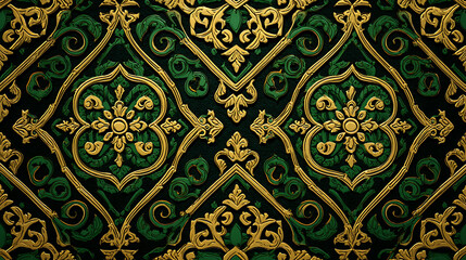 Traditional thai pattern background with intertwining gold and green motifs ancient temple art inspired design