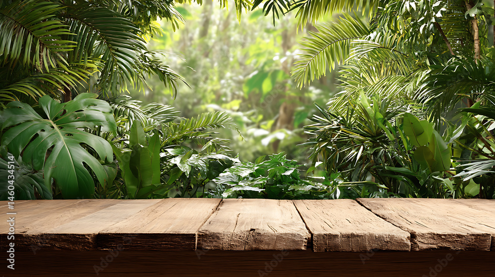 Aufkleber The empty wooden table top with lush green rainforest amazon jungle leaves and plants in background, product display template