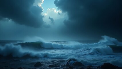 Obraz premium Ocean Waves Crashing Under Dramatic Sky, Coastal Scene