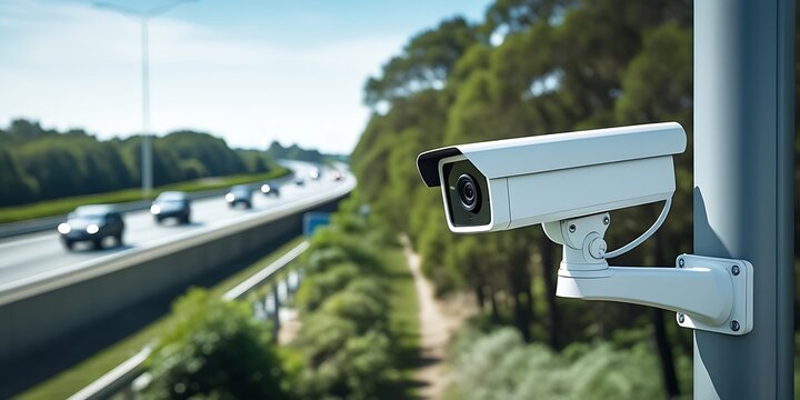 High-resolution CCTV camera observing a road with speeding cars and lush greenery, symbolizing safety, control, law enforcement, and urban infrastructure management


