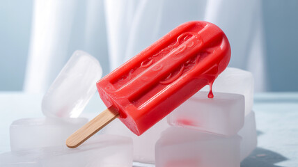 A close-up photograph of a bright red popsicle on a white background. The popsicle has a glossy, semi-transparent surface with visible striations and air bubbles throughout its length.